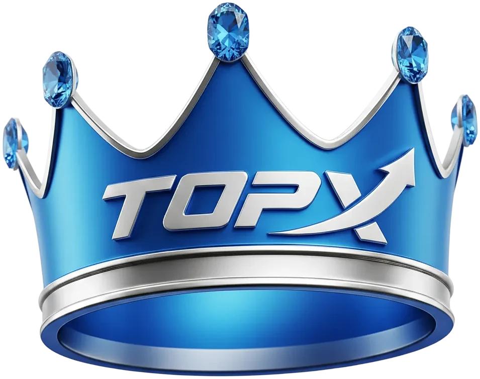 Coroa azul com o logo da TopX e pedras brilhantes ao longo da borda