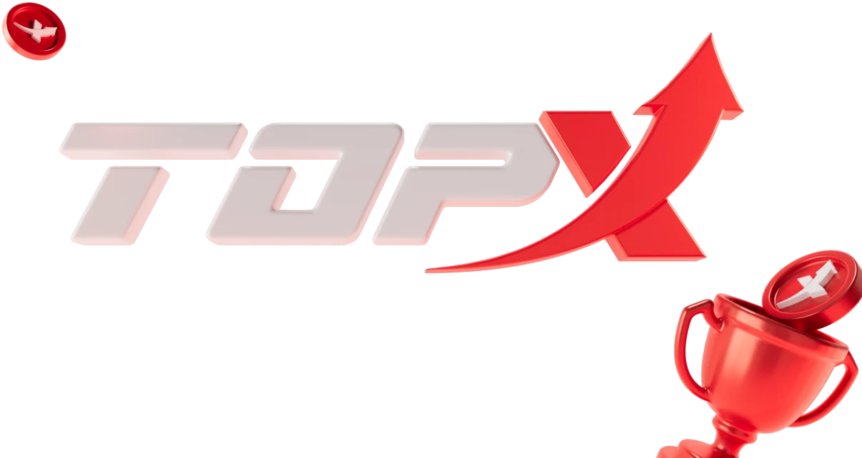 Logo da TopX em letras prateadas e vermelhas, com uma seta para cima, uma moeda e uma taça